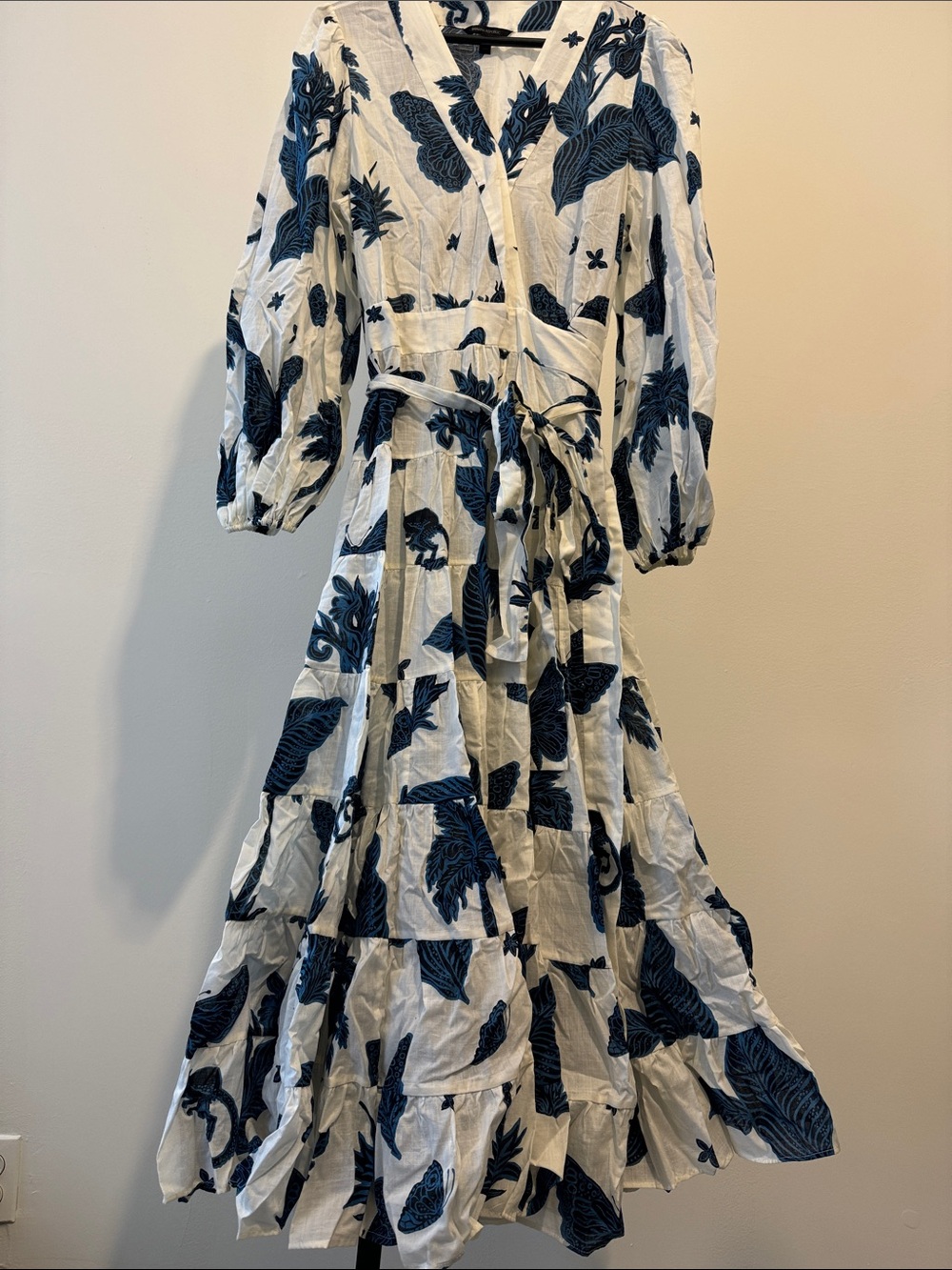Banana Republic Wrap Dress, Self Tie Flare Maxi, White with Navy Floral Print